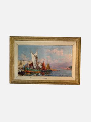une peinture à l'huile représentant un voilier sur l'eau, avec un autre bateau en arrière-plan