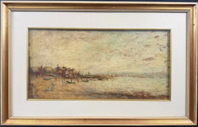 une image d'une peinture représentant une scène de plage avec un bateau dans l'eau
