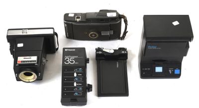 a camera, flash, camera case, and other electronic equipment laid out on a white surface