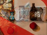 un tableau représentant une table avec une bouteille de vin et une pomme