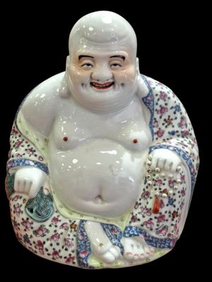CHINE Bouddha rieur en porcelaine émaillée polychrome