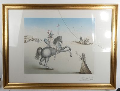 peinture d'un homme à cheval avec un chien en laisse