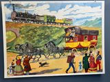 une peinture représentant une calèche tirée par un groupe de personnes