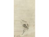 a painting of a bird standing on top of a snow covered ground