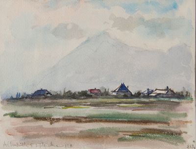 watercolor painting of a landscape with a mountain in the background