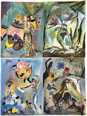 quatre tableaux différents représentant des animaux et des oiseaux dans une forêt