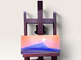 un chevalet avec, en arrière-plan, un tableau représentant une montagne