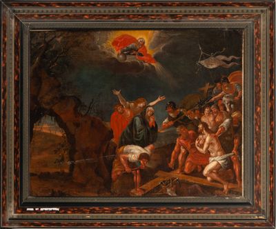 a painting of a group of people standing around a man on a cross