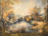 an oil painting of a rural scene with a river in the foreground and houses in the distance