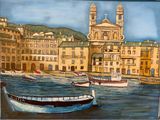 a painting of a boat in the water near a city