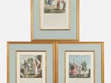 trois gravures encadrées représentant des personnes et un chien dans un champ