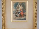 an old picture of a woman sitting on a bench in front of a painting