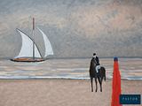 a painting of a man riding a horse on the beach