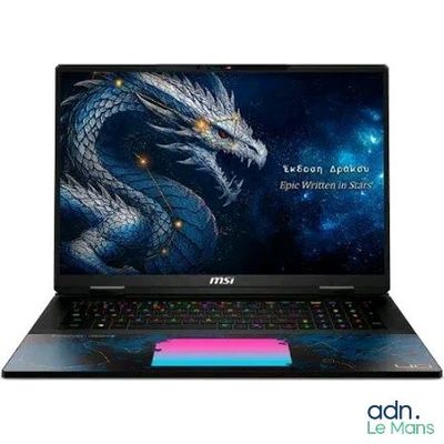 l'ordinateur portable est ouvert sur un fond blanc, avec un dragon à l'écran
