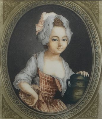 portrait of a woman in a red dress holding a black pot