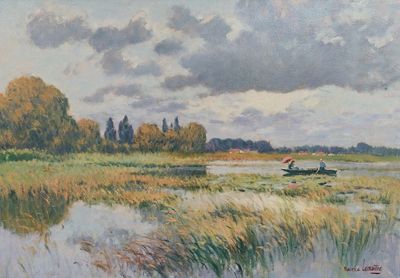 une peinture représentant un homme dans un bateau sur l'eau