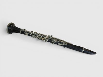 a close up of a black and silver clarinet on a white surface