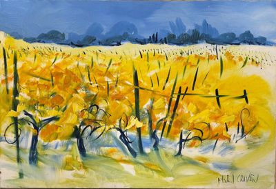 tableau représentant un champ de jonquilles jaunes avec un ciel bleu en arrière-plan
