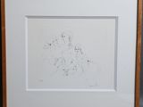 drawing of a group of people sitting on a bench in front of a window
