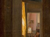 painting of an open door leading to a living room with a chair and table