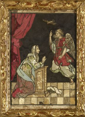 une image représentant un tableau où figurent un ange et une femme dans une pièce