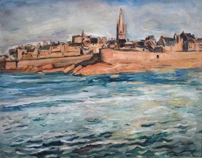 an oil painting of a view of a city from the water