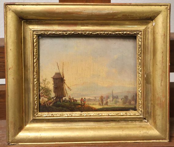 « Le moulin à vent » huile sur panneau signée en bas à droite Des...