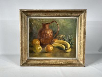 a picture of a painting of a still life with bananas and oranges