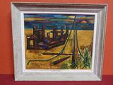 a painting of a boat on the beach next to a red wall