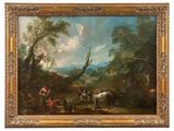 an image of a painting of people and animals in a wooded landscape