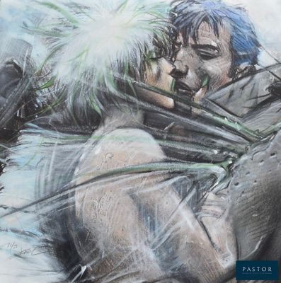 tableau représentant un homme aux cheveux bleus tenant un couteau à la main
