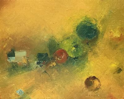 un tableau représentant un panier de fruits et de légumes posé sur une table