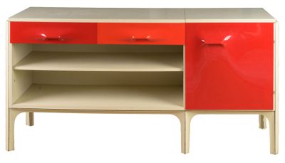 an image of a red and white cabinet with two drawers