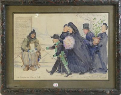 tableau représentant un groupe de personnes vêtues de noir et tenant des fleurs