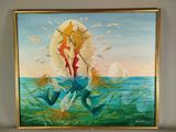tableau représentant une femme avec un cerf-volant sur une plage, au milieu des mouettes