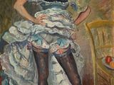 une peinture à l'huile représentant une femme en robe blanche assise sur une chaise