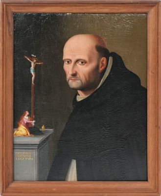 portrait d'un homme tenant un crucifix et une statue de Jésus