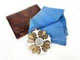 a blue handkerchief and a brown wallet on a white surface