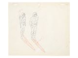 drawing of two skiers on skis in the air with their skis down