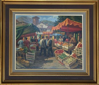 une peinture à l'huile représentant une scène de marché avec des fruits et des légumes exposés
