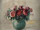 a painting of flowers in a vase on a table