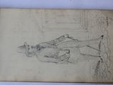 an old book with a drawing of a man and a woman sitting on a bench
