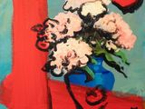a painting of flowers in a blue vase on a red table