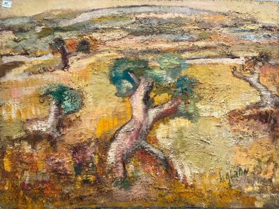une peinture à l'huile représentant un tableau où figurent un homme et une femme dans un champ
