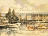 une peinture de bateaux dans un port avec des bâtiments à l'arrière-plan