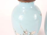 two vases with flowers painted on them on a white surface