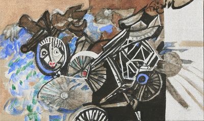 un tableau représentant une calèche tirée par des chevaux avec des personnes à bord