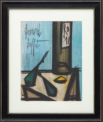 tableau représentant une nature morte avec une bouteille de vin et un couteau posés sur une table