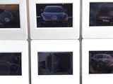 six different pictures of cars on display in a store window
