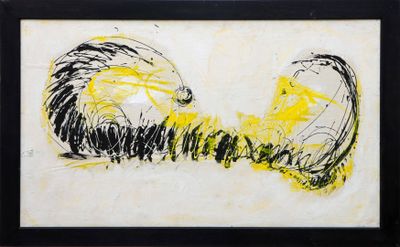 yellow and black drawing of a cat in a black frame